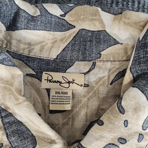 Panama Jack Shirt Mens 2XL Gray Tan Hawaiian Tropical Button Front Ramie - Picture 3 of 13